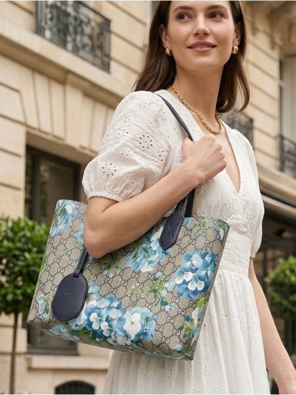 Gucci Beige GG Tote with Blue Floral Print and Black Trim